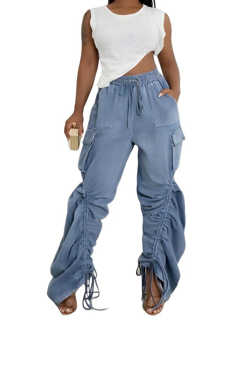 メガリテイラー レディース ボトムス デニムパンツ ワイドレッグ カーゴパンツ MegaRetailer Loose Fit Wide Leg Cargo Pants Women Light Blue