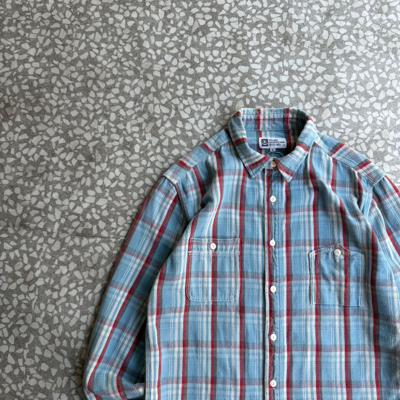 [ Archive アーカイブ Y2K ] STUSSY / 00’s- flannel shirt マチ付 size XL オールドステューシー　山ポケ　ネルシャツ　アメカジ　ストリート　オーバーサイズ ユニセックス　青 長袖　ネル
