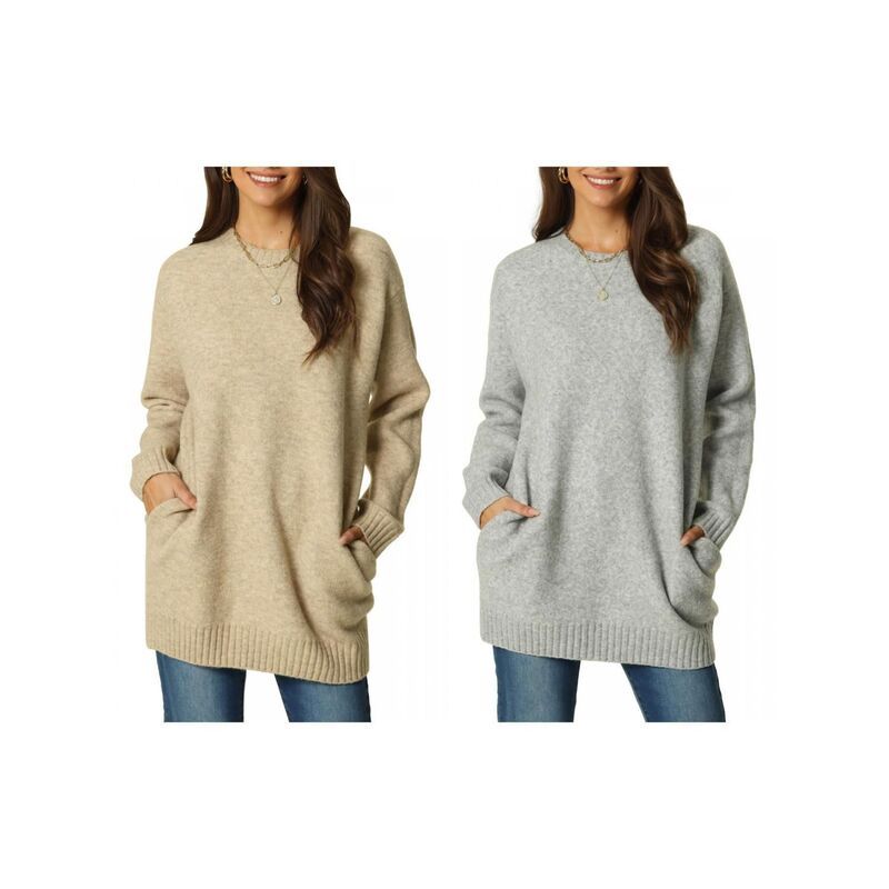 インスパイア シック レディース アウター ニット・セーター INSPIRE CHIC 2 Packs Womens Round Neck Long Sleeve Casual Sweater wit
