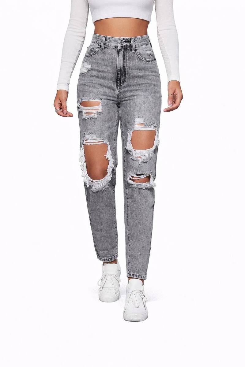 メガリテイラー レディース ボトムス デニムパンツ ジーンズ MegaRetaileripped Straight Fit Jeans Women Grey グレー