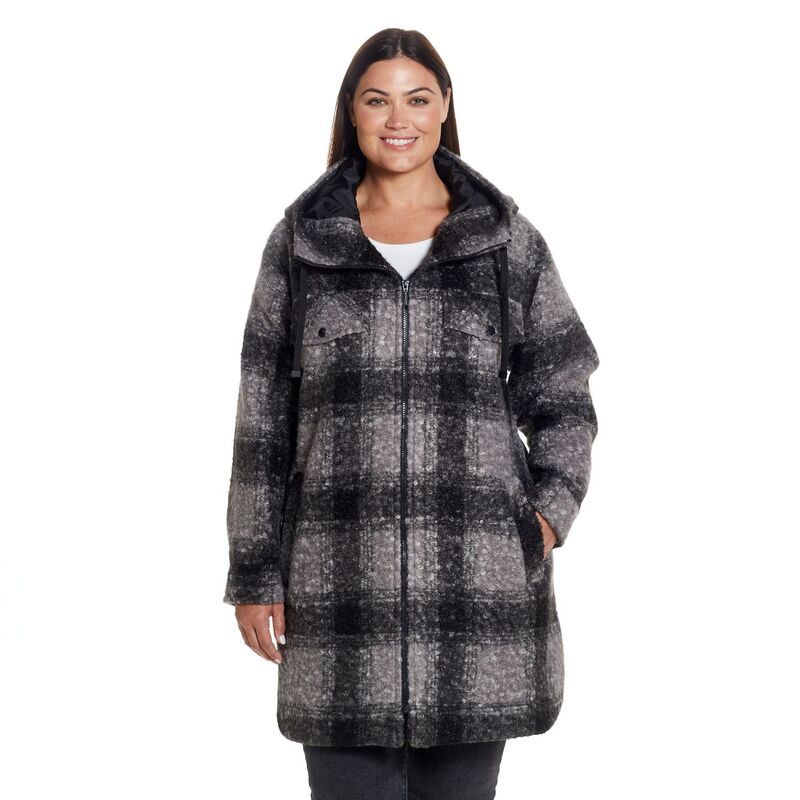 ウェザーキャスト レディース アウター ジャケット・ブルゾン プラスサイズ Plusize Weathercast Zip Front Hooded Boucl Shacket Black Plaid