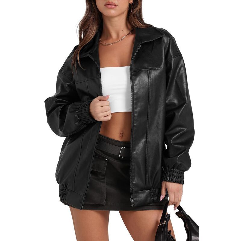 メガリテイラー レディース アウター ジャケット・ブルゾン コート レザー MegaRetailer Women s Oversized Moto Leather Coatrendy Style Bl