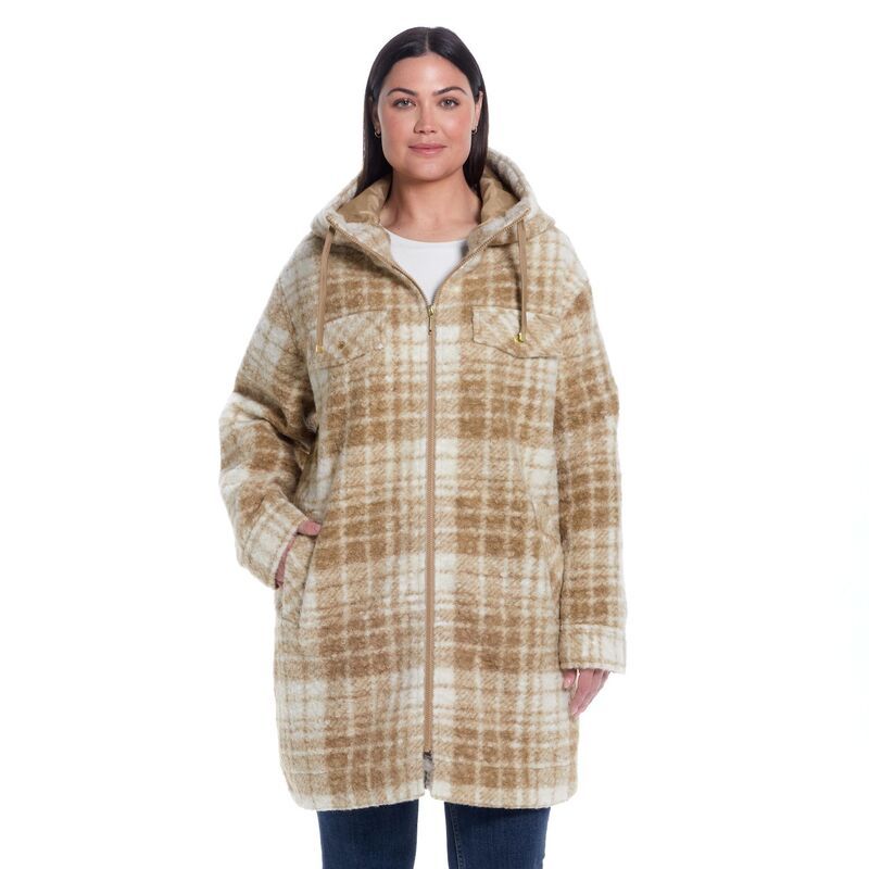 ウェザーキャスト レディース アウター ジャケット・ブルゾン プラスサイズ Plusize Weathercast Zip Front Hooded Boucl Shacketan Plaid タン