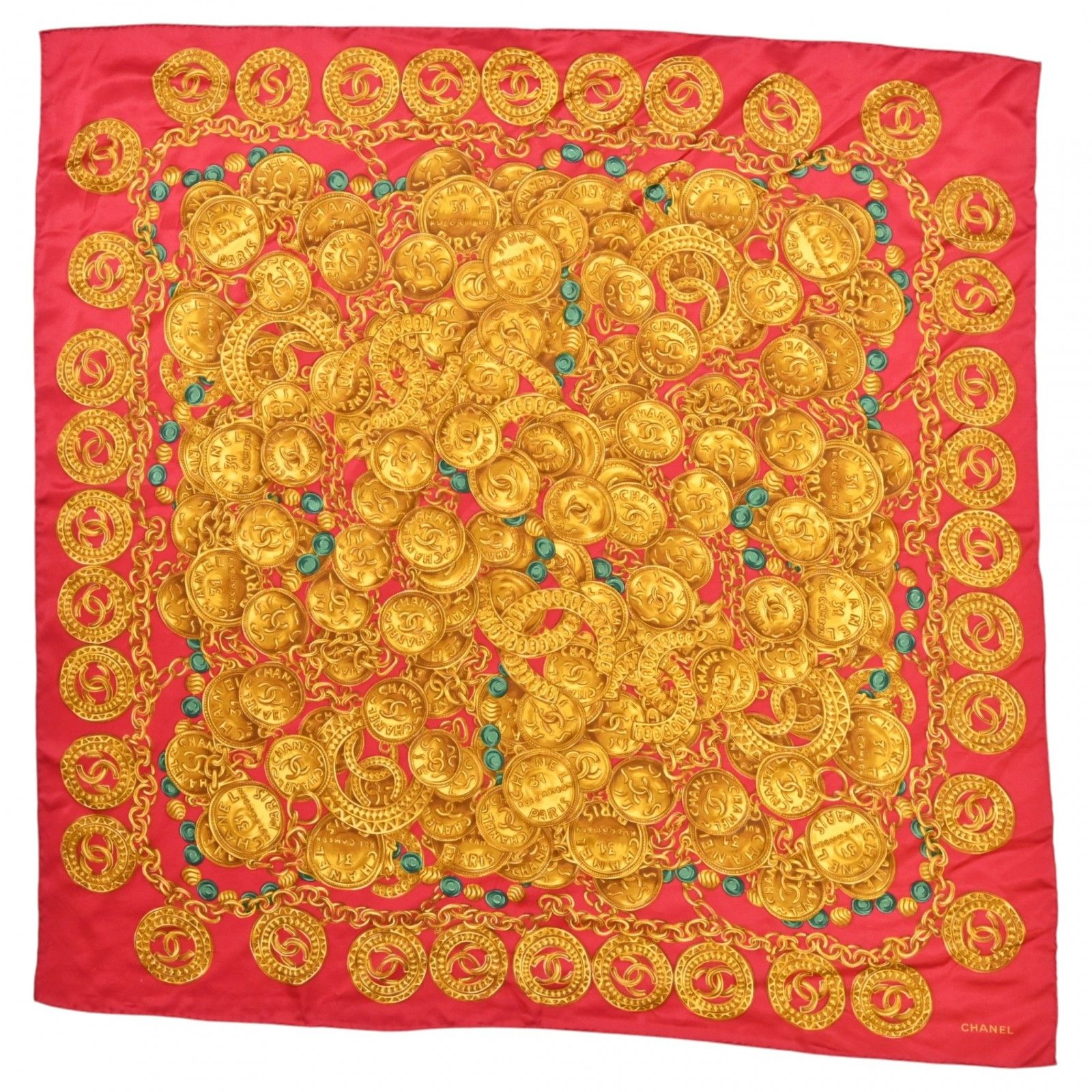 【中古】シャネル スカーフ ココマーク チェーンモチーフ シルク100％ ショール ストール レッド Aランク ch5616cc