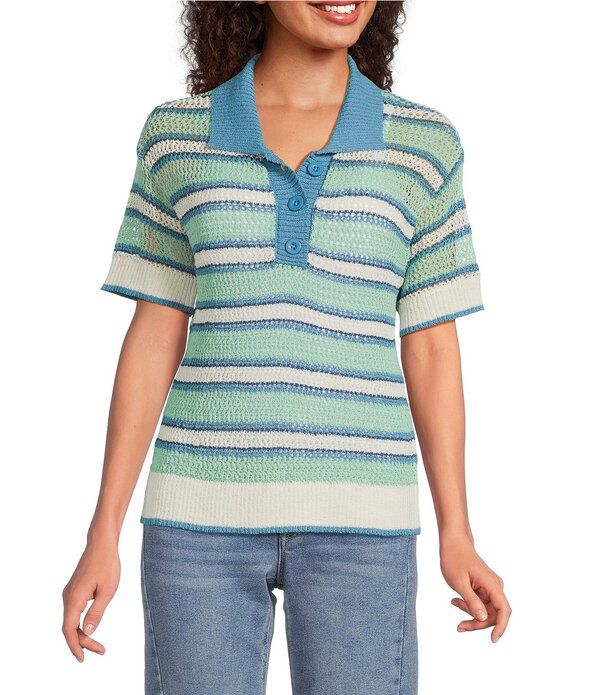 シティブルース レディース アウター ニット・セーター ポロシャツ City Bluestriped Peter Pan Collar Short Sleeve Crochet Polo Top Se
