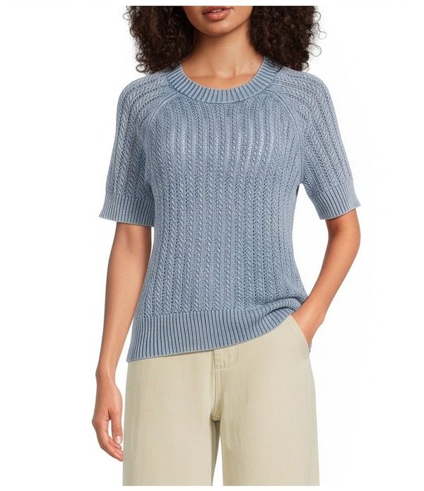 シティブルース レディース アウター ニット・セーター クルーネック リブ City Blues Acid Wash Crochet Knit Ribbed Crew Neck Short Sleev