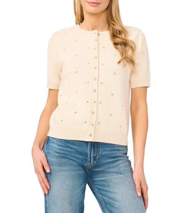 セセ レディース アウター ニット・セーター クルーネック カーディガン CeCe Crew Neck Short Sleeve Cardigan Sweater Soft Cream クリーム