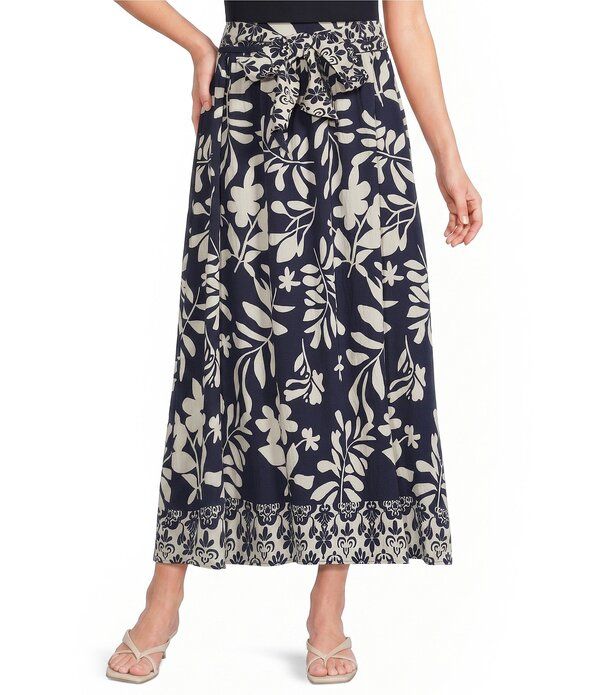 カレッサ レディース ボトムスカート A ライン プリント ミディ Calessa Woven Border Leaf Print ALine Midi Skirt NavyWhite ホワイト