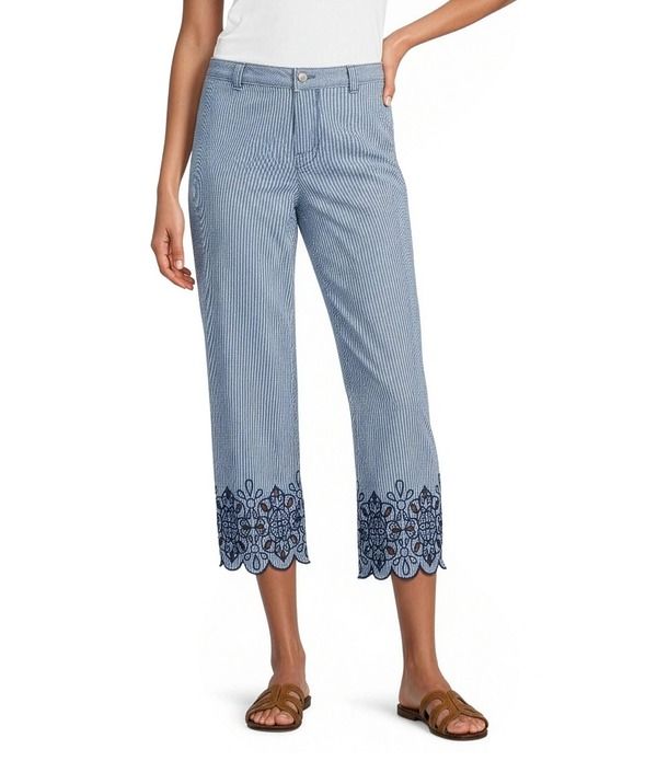 ナーチャー レディース ボトムス カジュアルパンツ ワイドレッグ 刺繍 Nurtureyelet Embroidered Wide Leg Cropants Blue Stripe ブルー