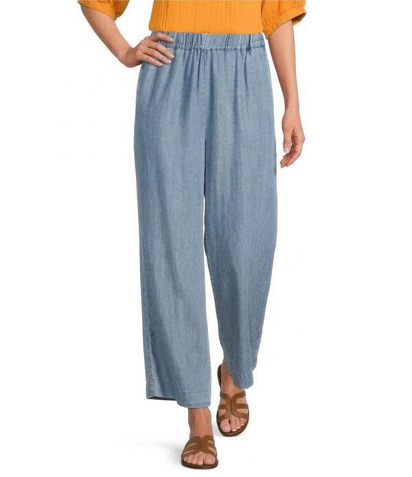 カレッサ レディース ボトムス カジュアルパンツ ワイドレッグ プチ シャーリング Calessa Petite Size Smocked Waist Wide Leg Cropants Indigo