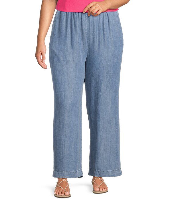 カレッサ レディース ボトムス カジュアルパンツ ワイドレッグ プラスサイズ シャーリング Calessa Plusize Smocked Waist Wide Leg Cropants Indigo