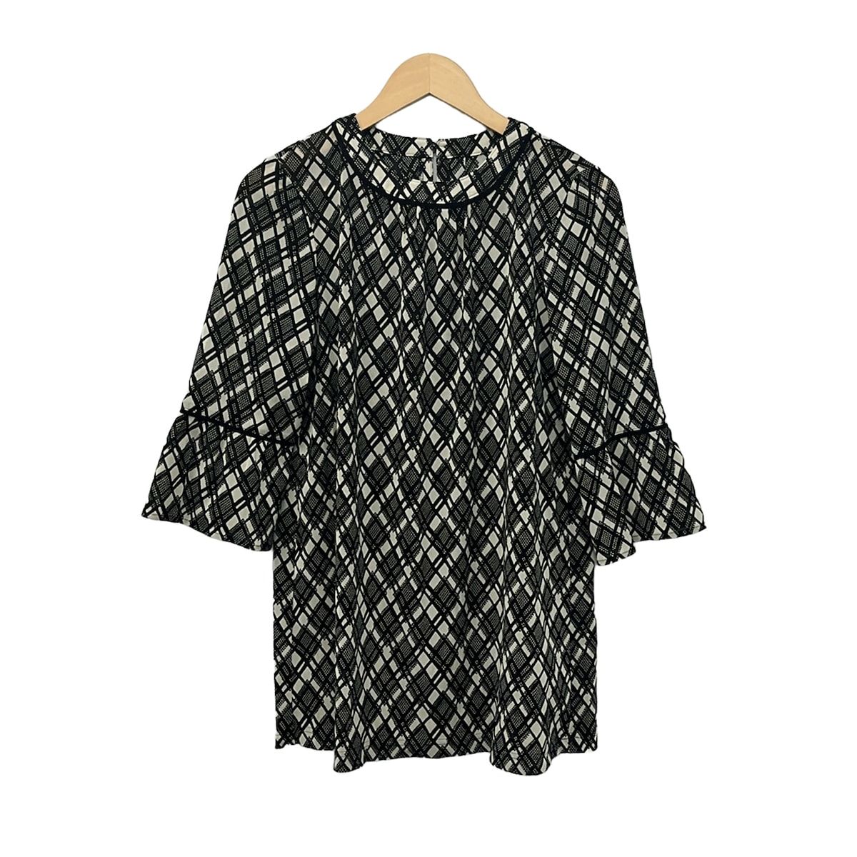 Leilian(レリアン) チュニック サイズ11 M レディース美品 - 黒×白 クルーネック/七分袖/チェック柄