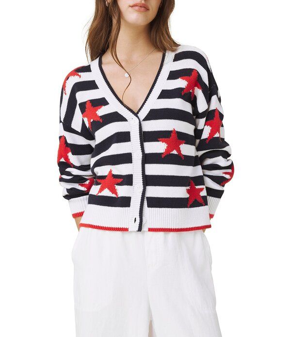 スプレンディット レディース アウター ニット・セーター カーディガン Splendid Liberty Striped Round Neck Long Sleeve Cardigan WhiteNa