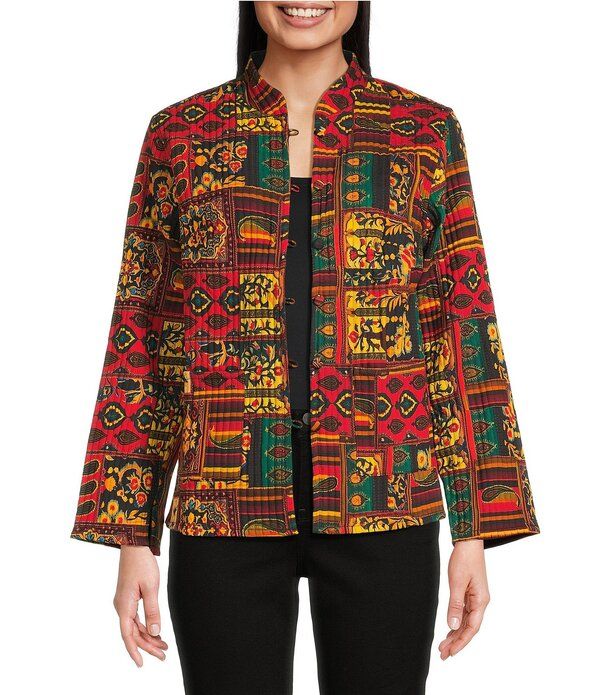 カレッサ レディース アウター コート パッチワーク シャツ ジャケット Calessa Festive Patchwork Stand Collar Long Sleeve ButtonFront