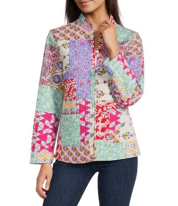 カレッサ レディース アウター コート キルティング パッチワーク シャツ ジャケット Calessa Reversible Quilted Spring Patchwork Band Collar