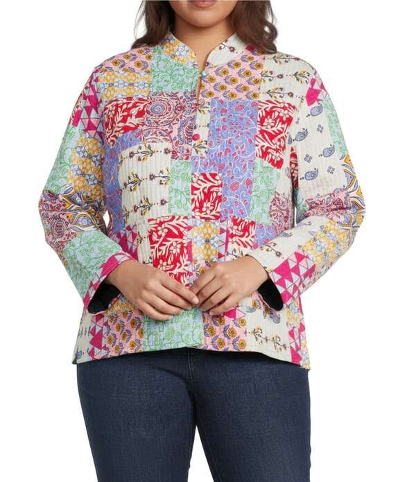 カレッサ レディース アウター コート プラスサイズ プリント キルティング パッチワーク シャツ ジャケット Calessa Plusize Reversible Quilted Spring Pa