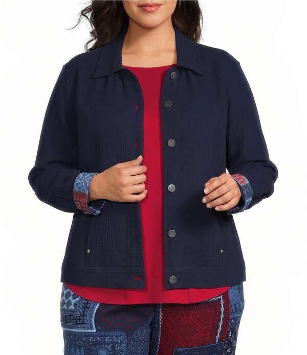 アリソン デイリー レディース アウター コート プラスサイズ ジャケット Allison Daley Plusize True Navy Bandana Long Sleeve Button Fro
