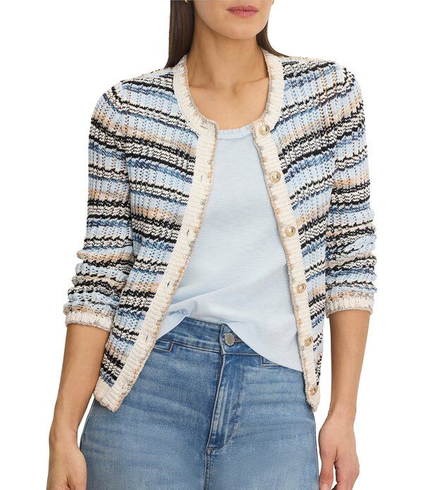ニックアンドゾー レディース アウター ニット・セーター カーディガン NIC ZOE Coastlines Knit Stripe Round Neck Long Sleeve ButtonFron