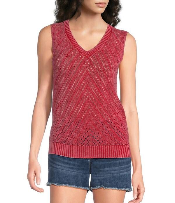 シティブルース レディース アウター ベスト ノースリーブ City Bluesleeveless Acid Wash Crochet Vest Red レッド