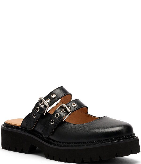 マークノーラン レディース シューズ サンダル レザー Marc Nolan Womens Lexi Brown Distressed Leather Double Buckle Mules Blac