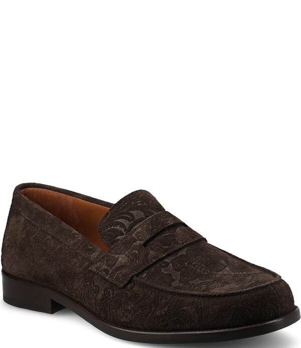 タフト メンズ シューズ スリッポン・ローファー フラワー柄 スエード フラワー Taft Mensterling Floral Embossed Suede Penny Loafers Brown