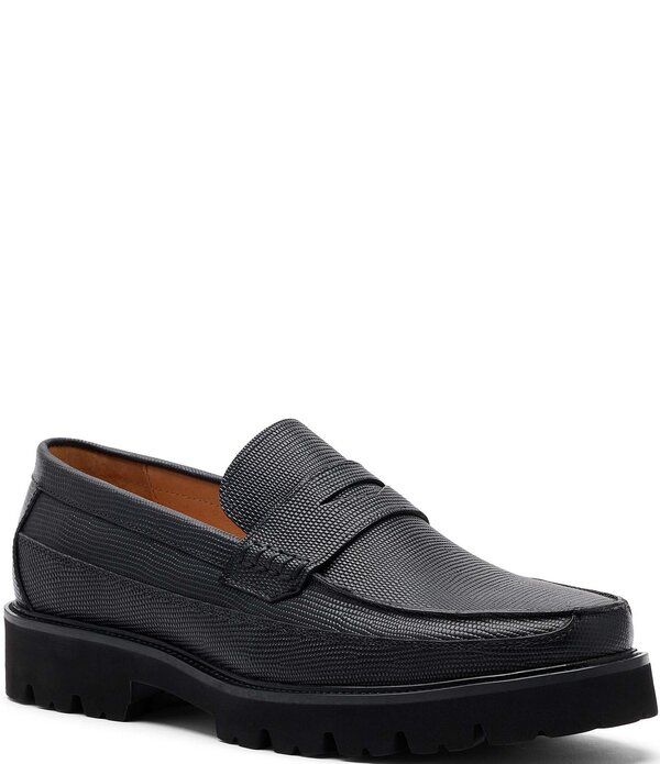 マークノーラン メンズ シューズ スリッポン・ローファー レザー Marc Nolan Mens Adler Lizard Embossed Leather Lug Penny Loafers Bla