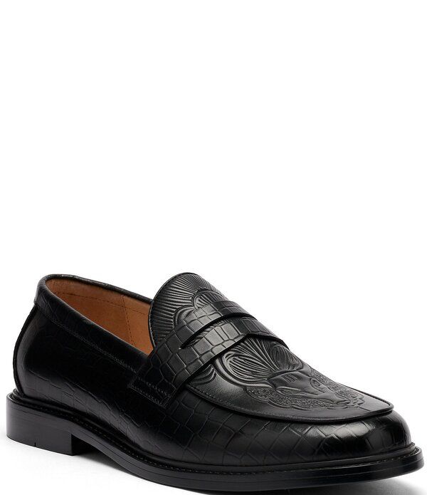 マークノーラン メンズ シューズ スリッポン・ローファー レザー Marc Nolan Mens Calum Embossed Bull Croco Leather Penny Loafers Bla