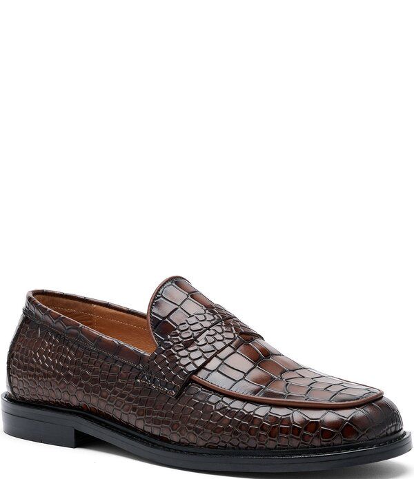 マークノーラン メンズ シューズ スリッポン・ローファー レザー Marc Nolan Mens Calum Croco Embossed Leather Penny Loafers Brown ブラ