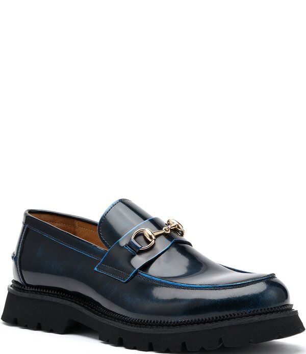 マークノーラン メンズ シューズ スリッポン・ローファー レザー Marc Nolan Mens Blake Patent Leather Bit Buckle Lug Loafers Navy ネイ