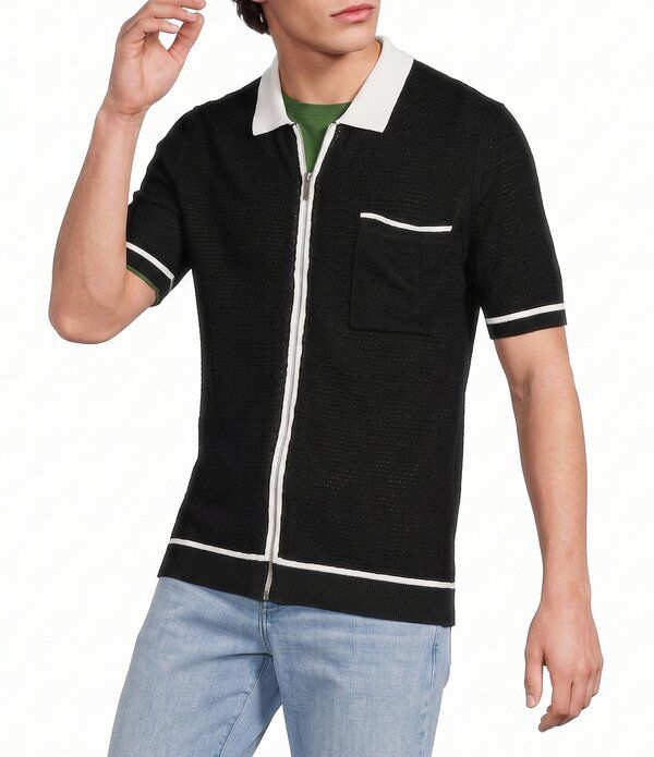 ムラノ メンズ トップス シャツ Murano Color Block Short Sleeve FullZip Shirt Black ブラック