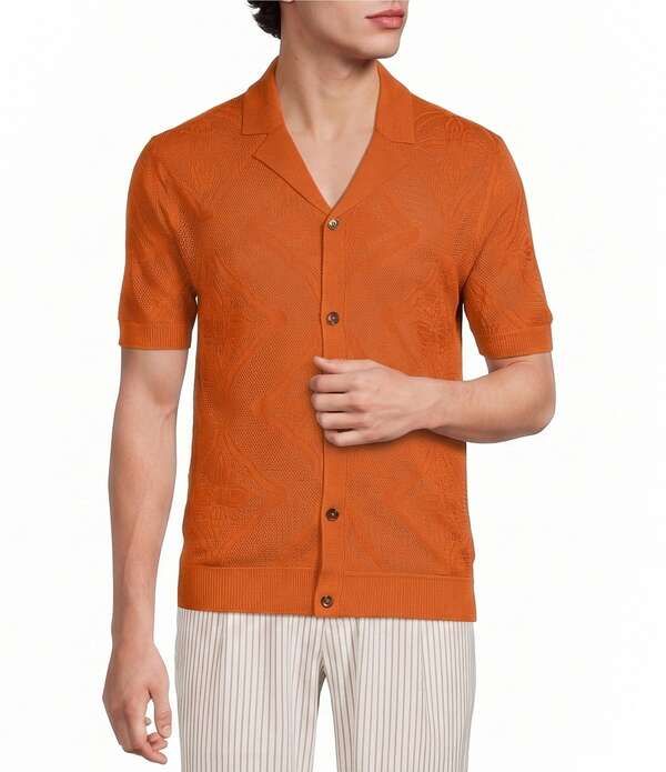 ムラノ メンズ トップス シャツ コート Murano Seville Collection Textured Short Sleeve Coat Front Shirt Burnt Orange オ