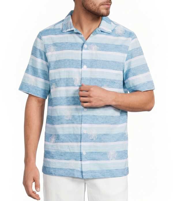 カリビアン メンズ トップス シャツ 刺繍 Caribbean Stripe Hibiscus Embroidered Short Sleeve Woven Shirturquoise ターコイズ