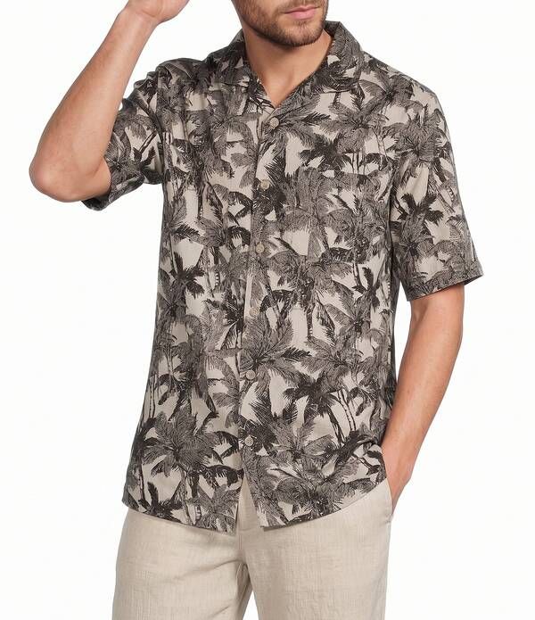 カリビアン メンズ トップス シャツ プリントール Caribbean Big Tall Palm Tree Print Short Sleeve Woven Camp Shirt Natural