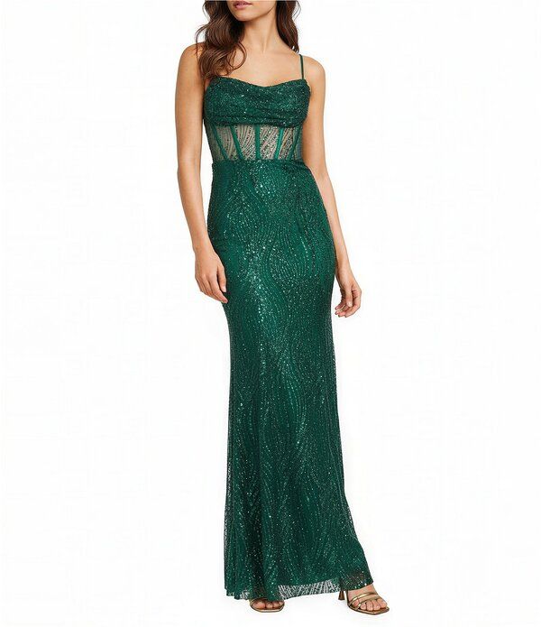 ブロンディナイツ レディース トップス ワンピース ドレープ Blondie Nites Glitter Patternedrape Neck Illusion Corset Long Dress H