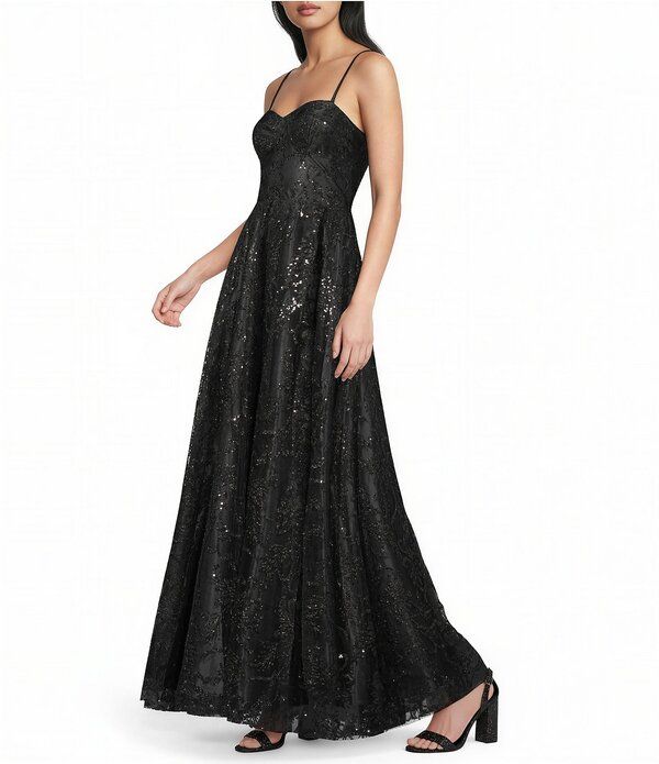 ブロンディナイツ レディース トップス ワンピース A ライン プリント メッシュ Blondie Nites Glitter Mesh Leaf Print Sweetheart Neck XBac