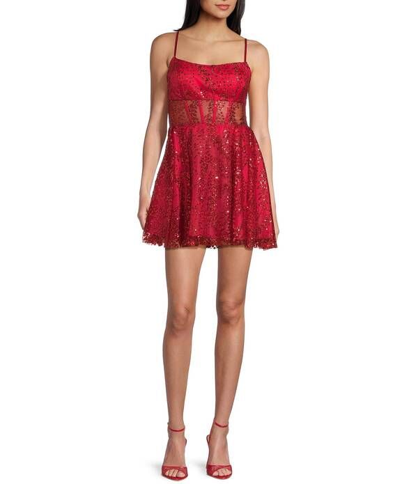 ブロンディナイツ レディース トップス ワンピース Blondie Nites Glitter Scoop Neck Illusion Corset Bodice Dress Red レッド
