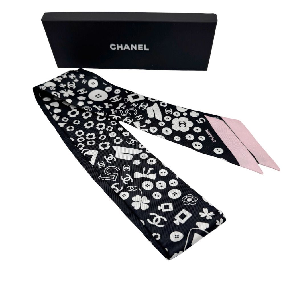 【未使用品】CHANEL シャネル スリムバンドー リボン シルク ブラック ピンク レディース 黒 スカーフ 小物 ココマーク カメリア お洒落 アクセサリー ヘアバンド シルク100％ レディース