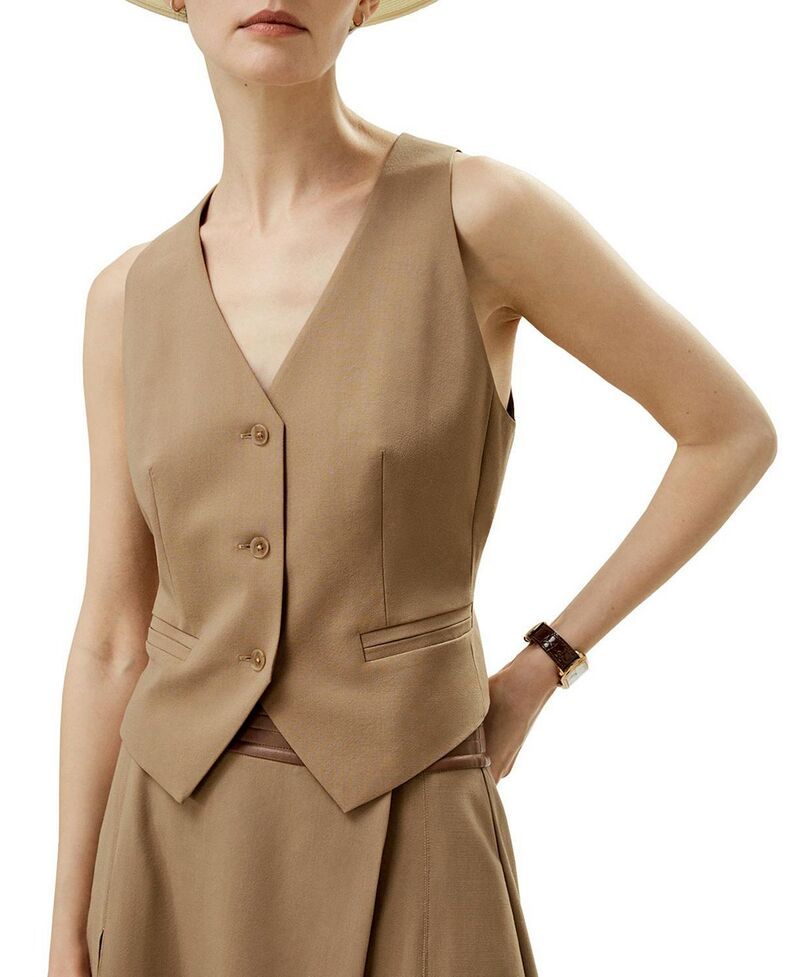 リリーシルク レディース アウター ベスト ウール LILYSILKWool Vest with Jacquard Silk Back Mocha モカ