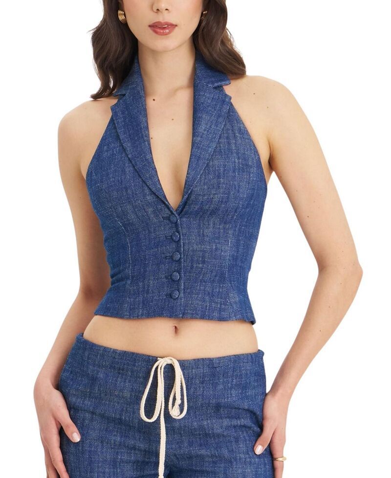ミスサークル レディース アウター ベスト ギャザー コットン デニム Miss Circle Rafaella Ruched Back Cotton Denim Suit Vest Blue ブルー