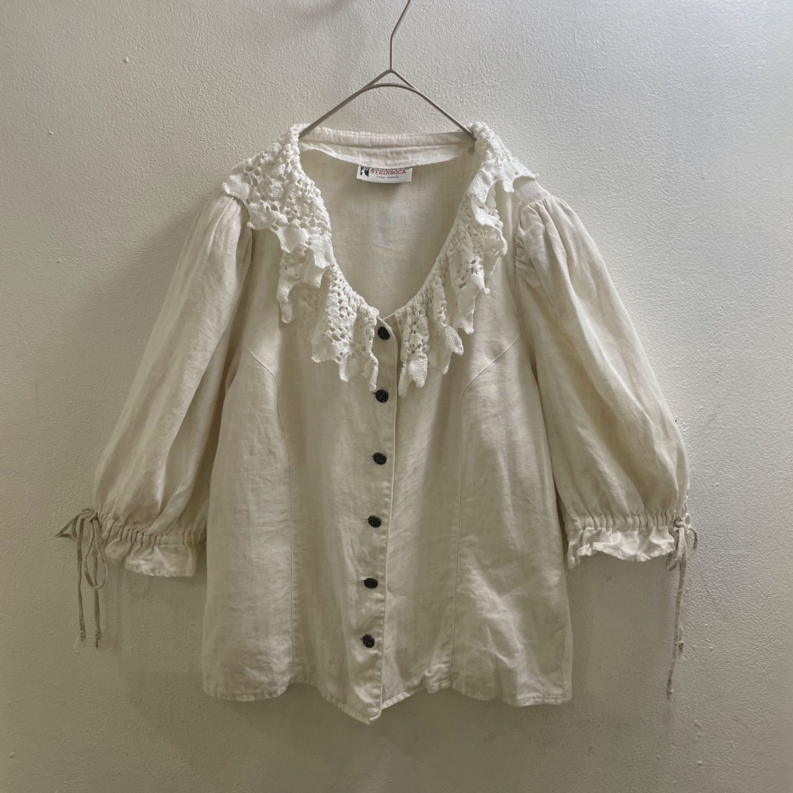 ヨーロッパ 90s 80s リネン ヴィンテージ ブラウス シャツ レース リネン Tyrolean Europe Vintage 白