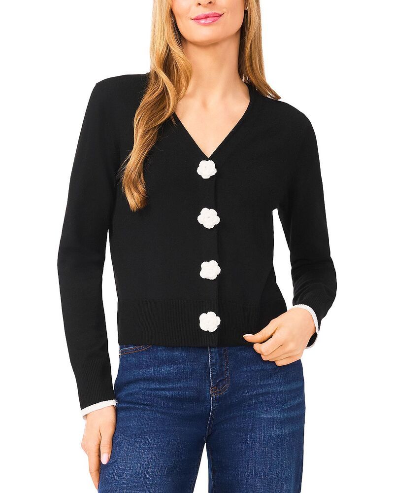 セセ レディース アウター カーディガン CeCe Long Sleeve Tipped Cardigan with Crochet Flowers Rich Black ブラック