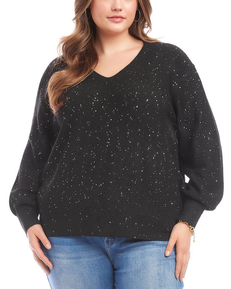 カレンケーン レディース アウター ニット・セーター Vネック プラスサイズ スパンコール Karen Kane Plusize Sequin V Neck Sweater Black ブラック