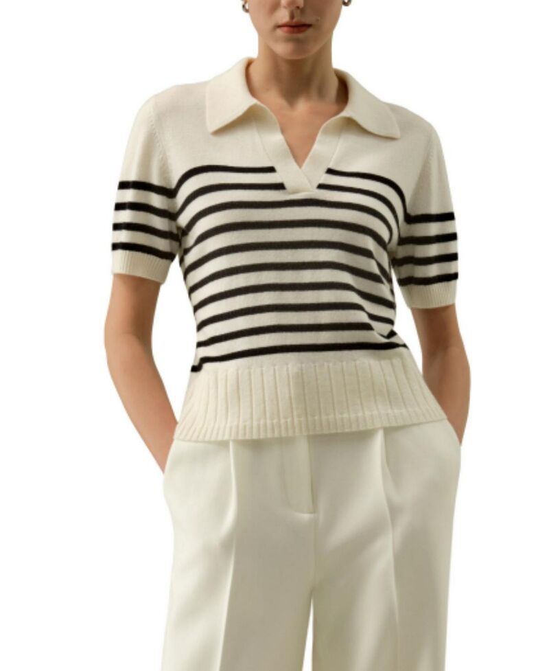 リリーシルク レディース アウター ニット・セーター ポロシャツ LILYSILK Striped Cashmere Polo Sweater Black Striped ブラック