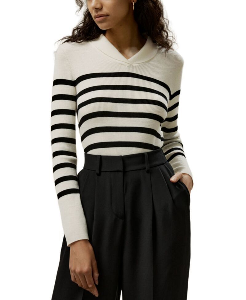 リリーシルク レディース アウター ニット・セーター ウール LILYSILK Striped Ultrafine Merino Wool Sweater White With Black Strip