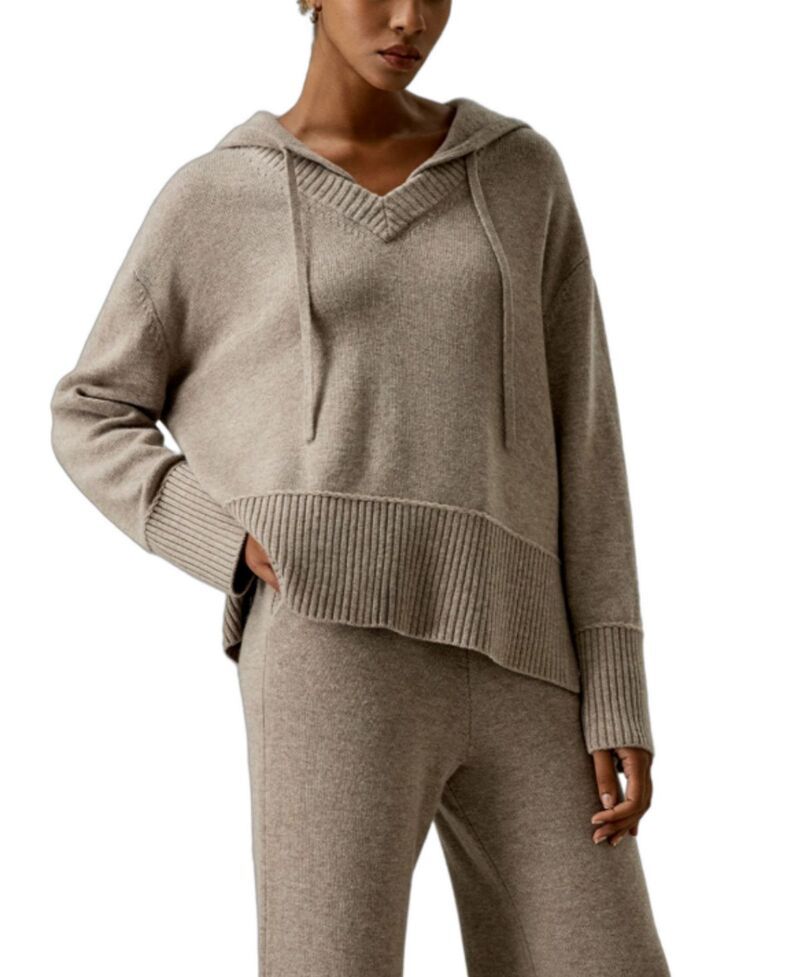 リリーシルク レディース アウター パーカー・スウェット Vネック ウール LILYSILK V Neck WoolCashmere Blend Hoodie Camel キャメル