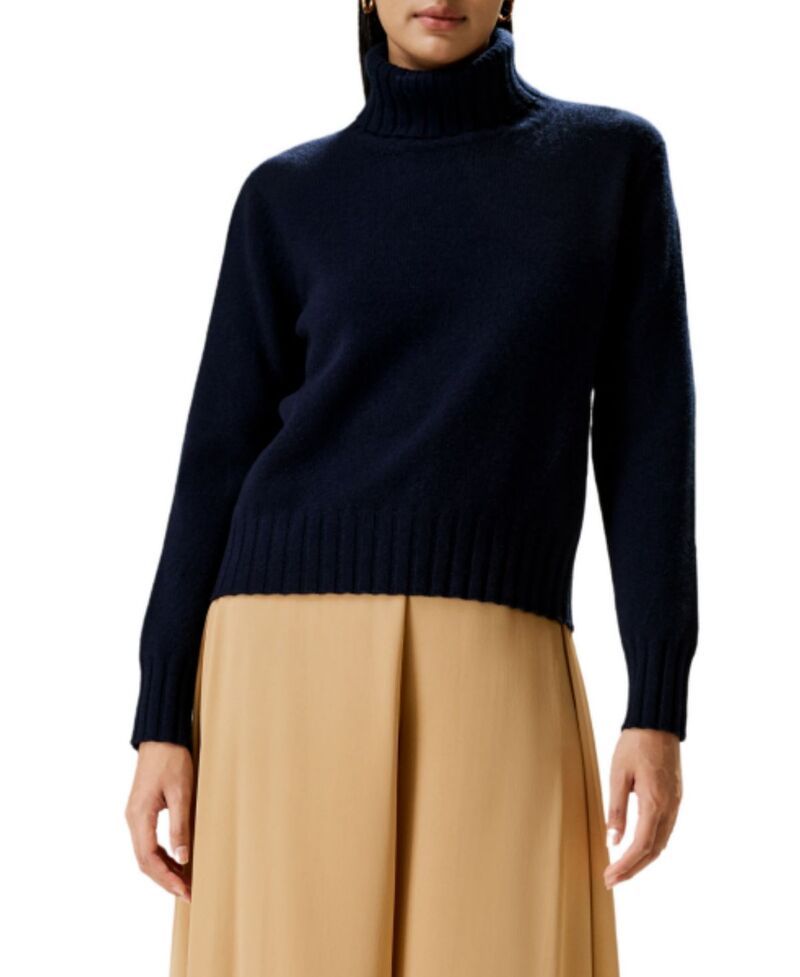 リリーシルク レディース アウター ニット・セータートルネック LILYSILK Turtleneck Sweater with Rib Hemline Navy Blue ネイビー