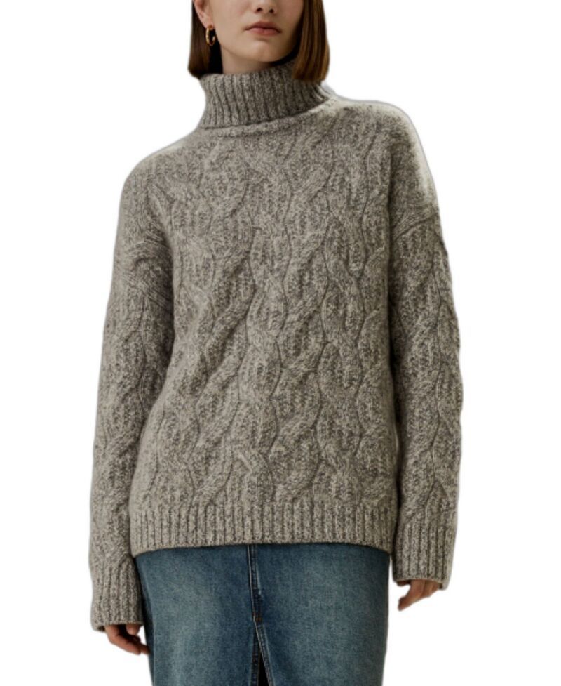 リリーシルク レディース アウター ニット・セータートルネック LILYSILK CableKnit Cashmere Turtleneck Sweater Camel Gray グレー