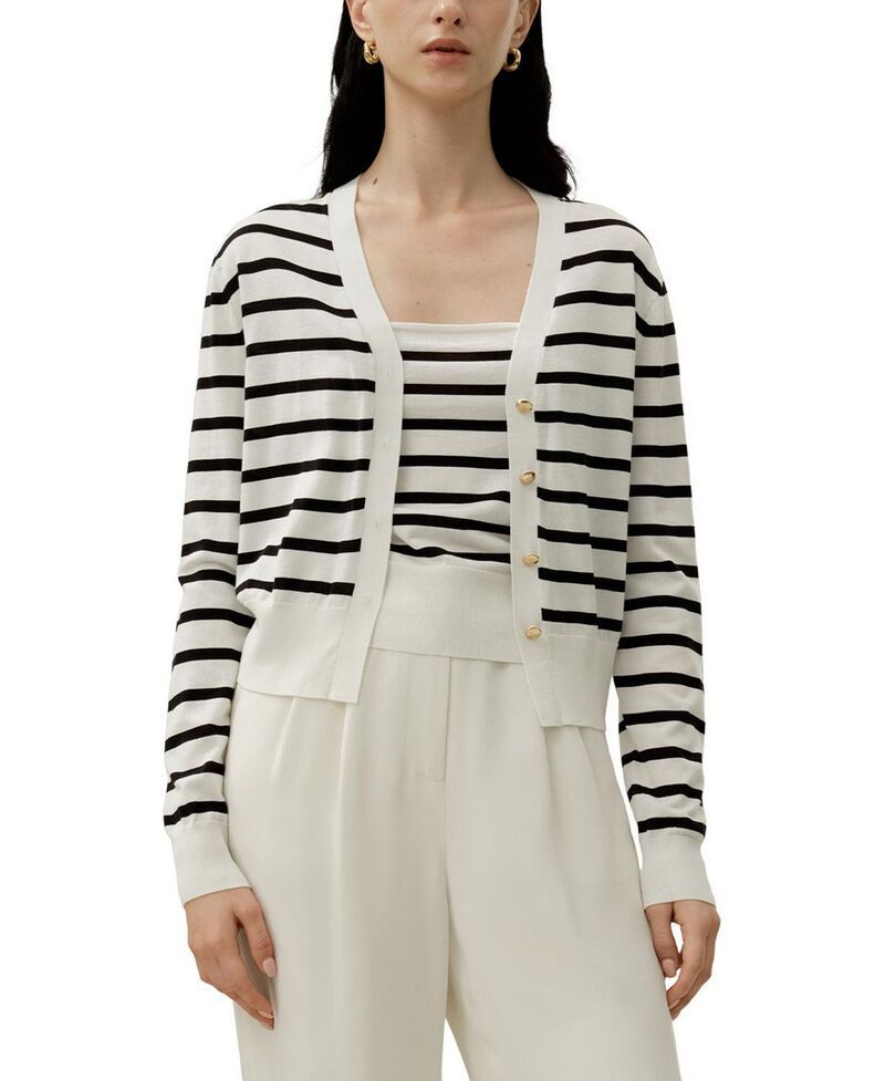 リリーシルク レディース アウター カーディガン コットン ニット LILYSILKCotton Striped Knit Cardigan Set BlackWhite Stripes ホワイト