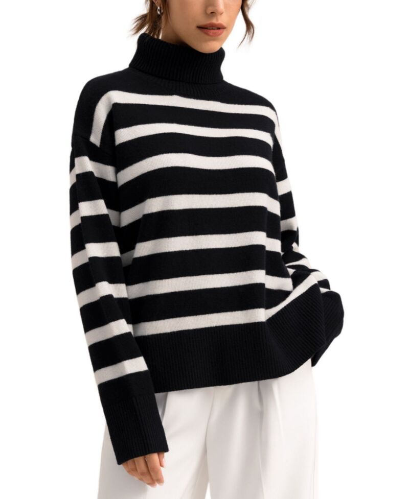 リリーシルク レディース アウター ニット・セーター LILYSILK Tarra Stripe Sweater Black White Stripes ホワイト
