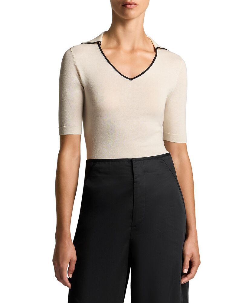 ヴィンス レディース トップス シャツ Vince Tipped Polo Elbow Sleeve Top Off WhiteInk オフホワイト